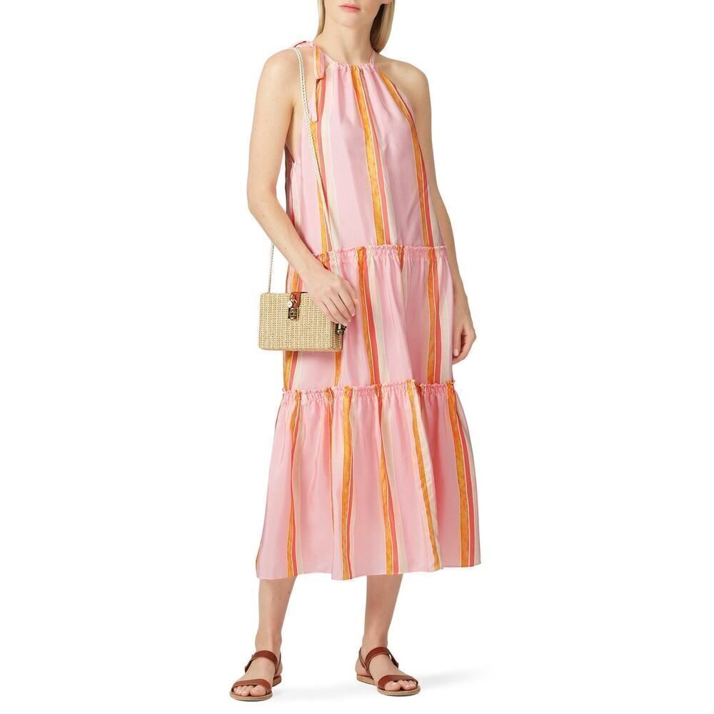 Club Monaco Amirra Dress Women's 10 Pink Striped Silk Sleeveless Midi Tiered RTR